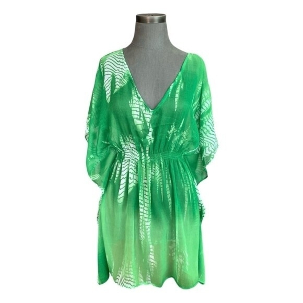 HIGHNESS Womens Swim Cover Up One Size Green White Sheer Tunic Beach Dress EXC - Picture 3 of 7